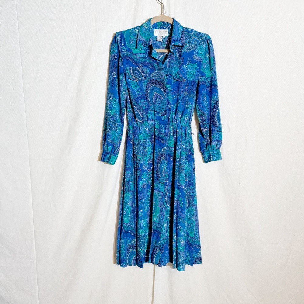 Blue A-line Long Sleeve Dress with Notched Collar for Casual Work VTG